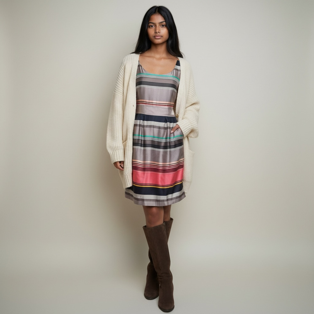 Banana Republic Petite - 100% Silk Striped Dress -6P Sleeveless Y2K Midi Office